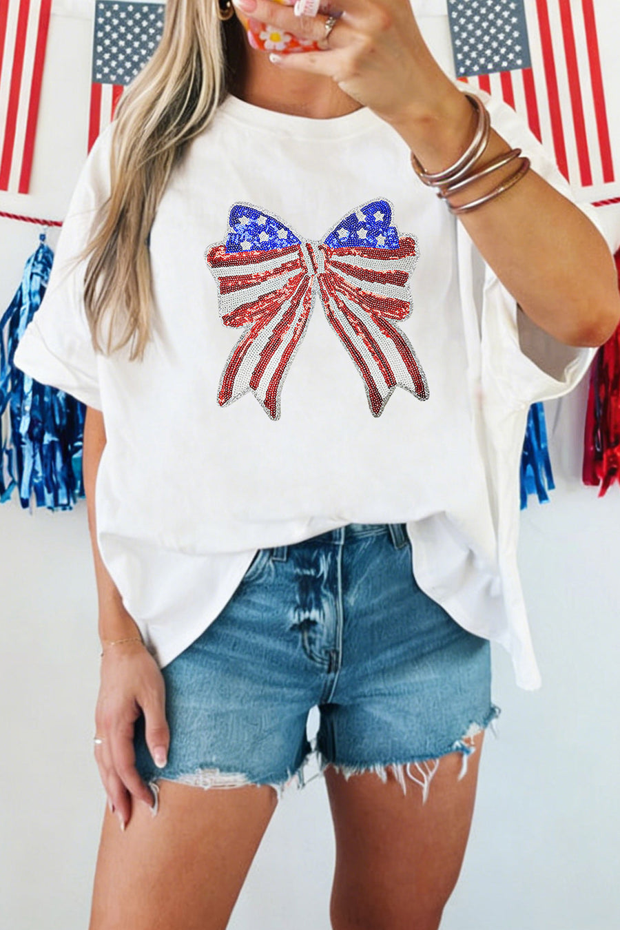 White American Sequin Bow Oversized Graphic T-Shirt