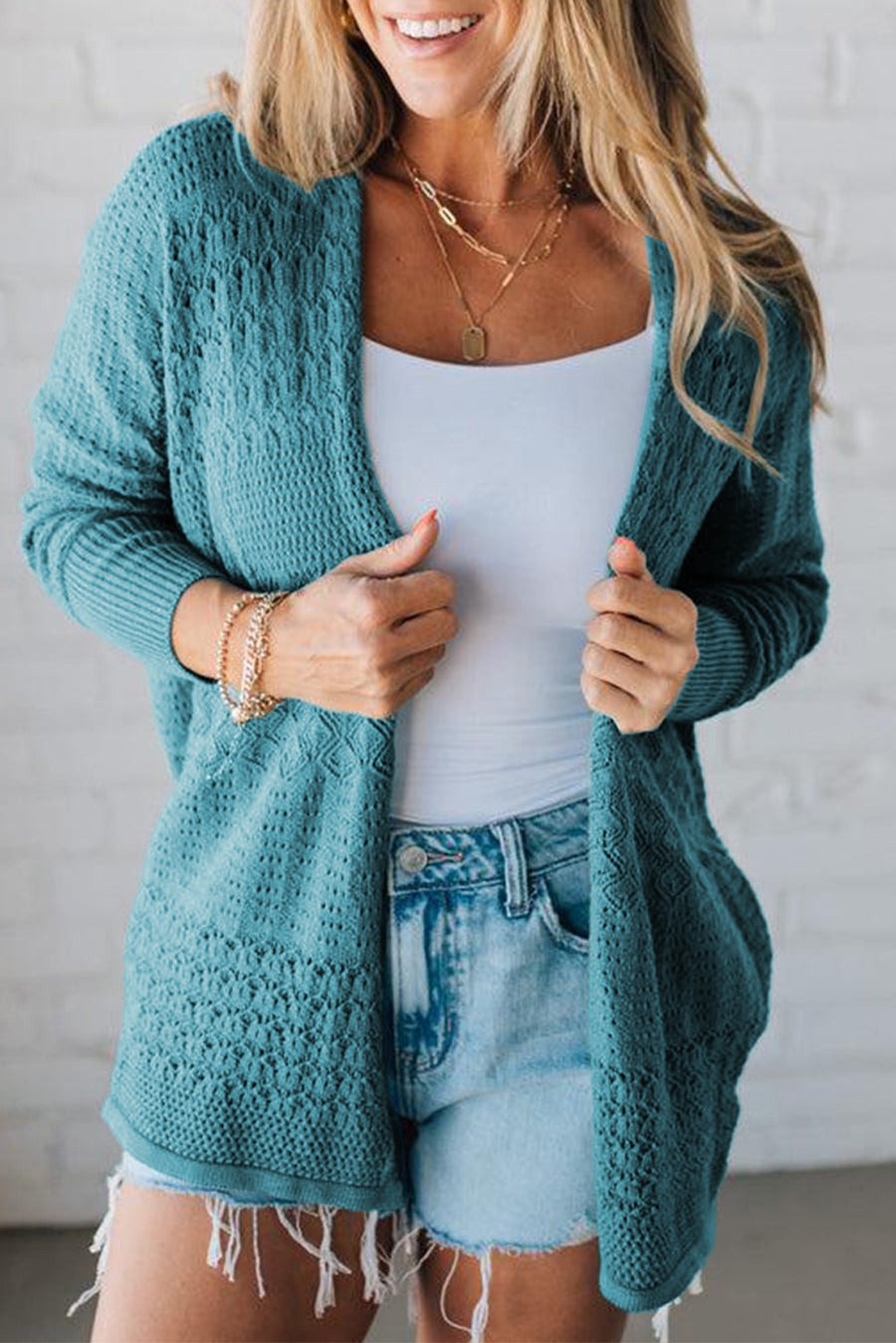Redwood Burl Mix Pattern Hollow Knit Open Front Cardigan