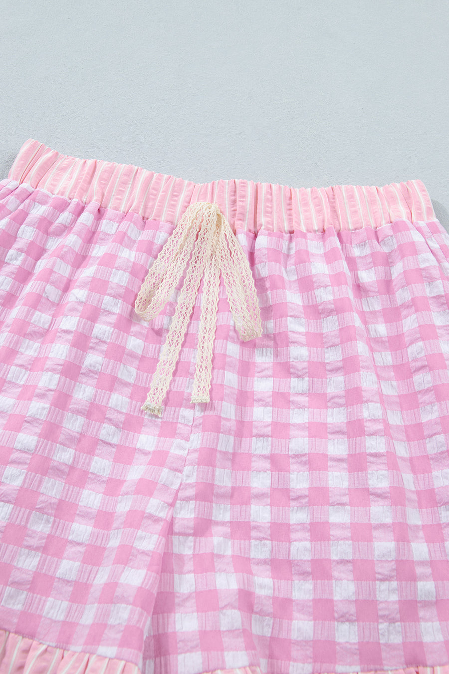 Gingham and Striped Ruffle Trim Lace Tie Shorts- 3 Colors