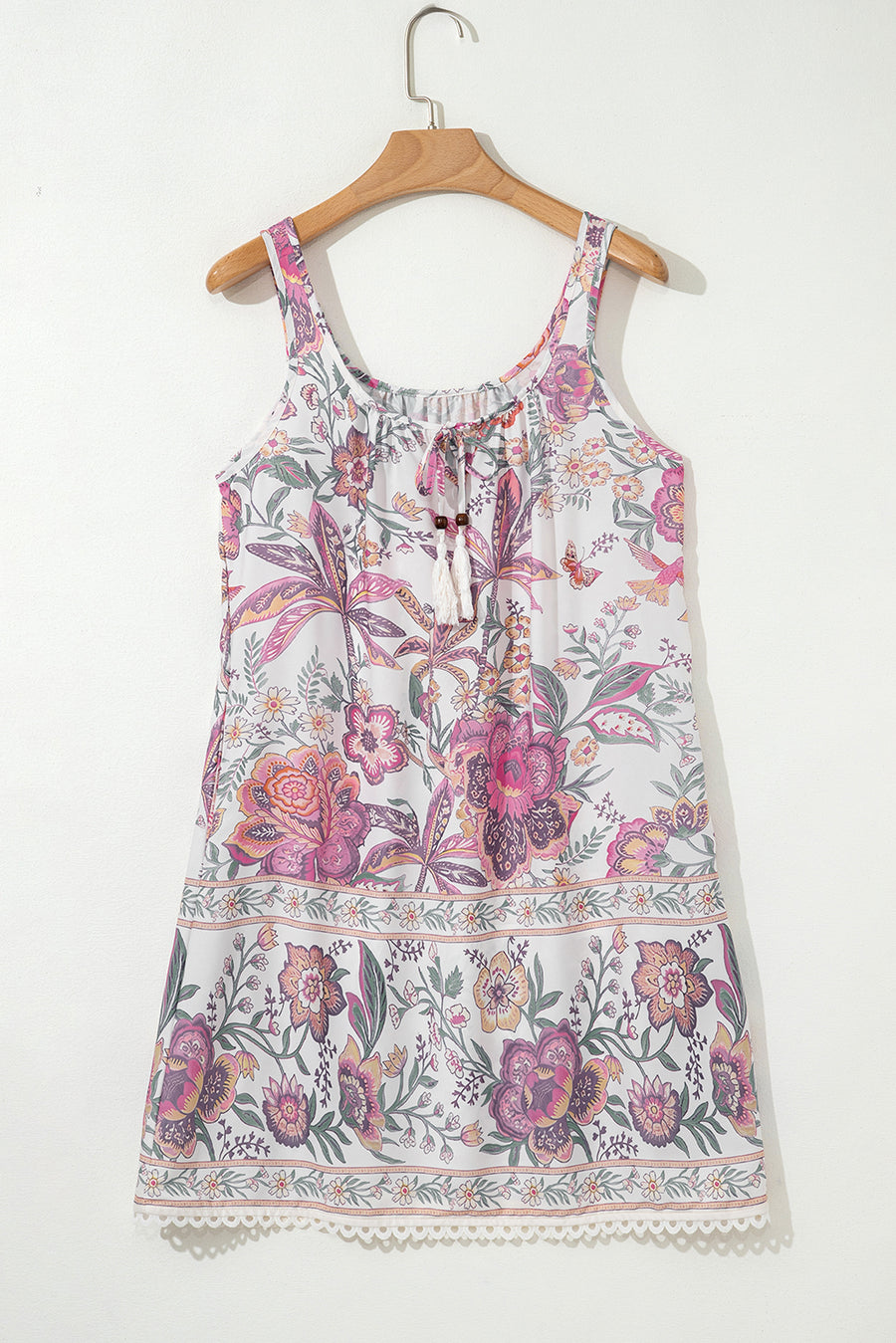 Pink and Lavender Bohemian Floral Tassel Tie V-Neck Mini Dress with Pockets