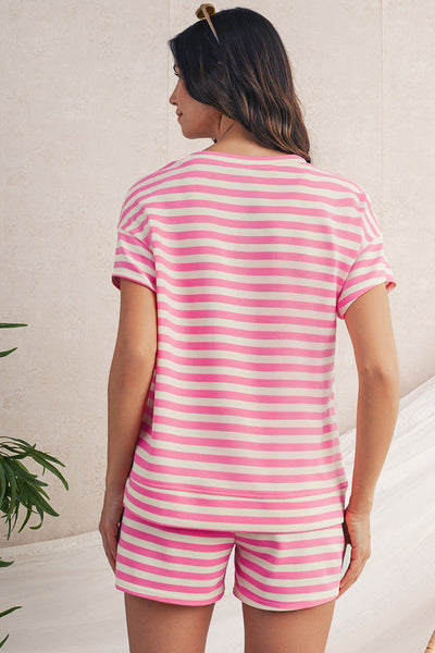 Pink Striped Crew Neck T-Shirt and Drawstring Shorts Set