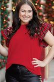 Plus Size Racing Red Plaid Pearl Ruffled Sleeve Knit Holiday Top
