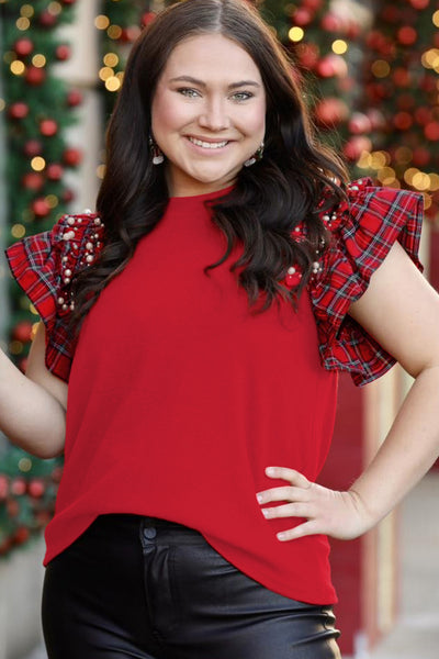 Plus Size Racing Red Plaid Pearl Ruffled Sleeve Knit Holiday Top