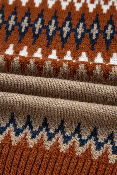 Khaki Geometric Print Colorblock Crew Neck Sweater