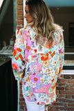 Multicolored Floral Frilly Neckline Long Sleeve Button-Up Blouse