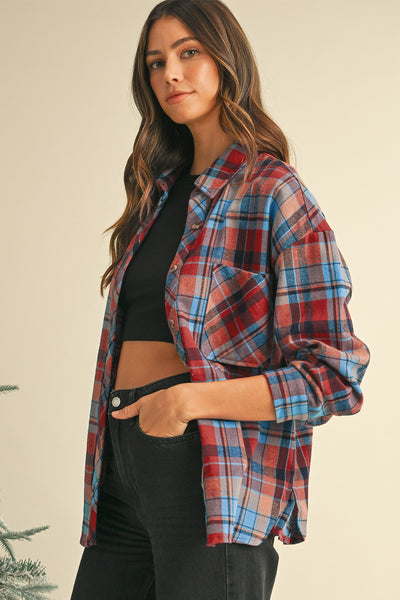 Red Plaid Print Drop Sleeve Loose Shirt Shacket