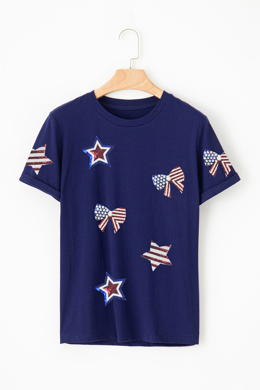 Navy Blue American Flag Bows and Stars Sequin Patches T-Shirt