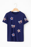 Navy Blue American Flag Bows and Stars Sequin Patches T-Shirt