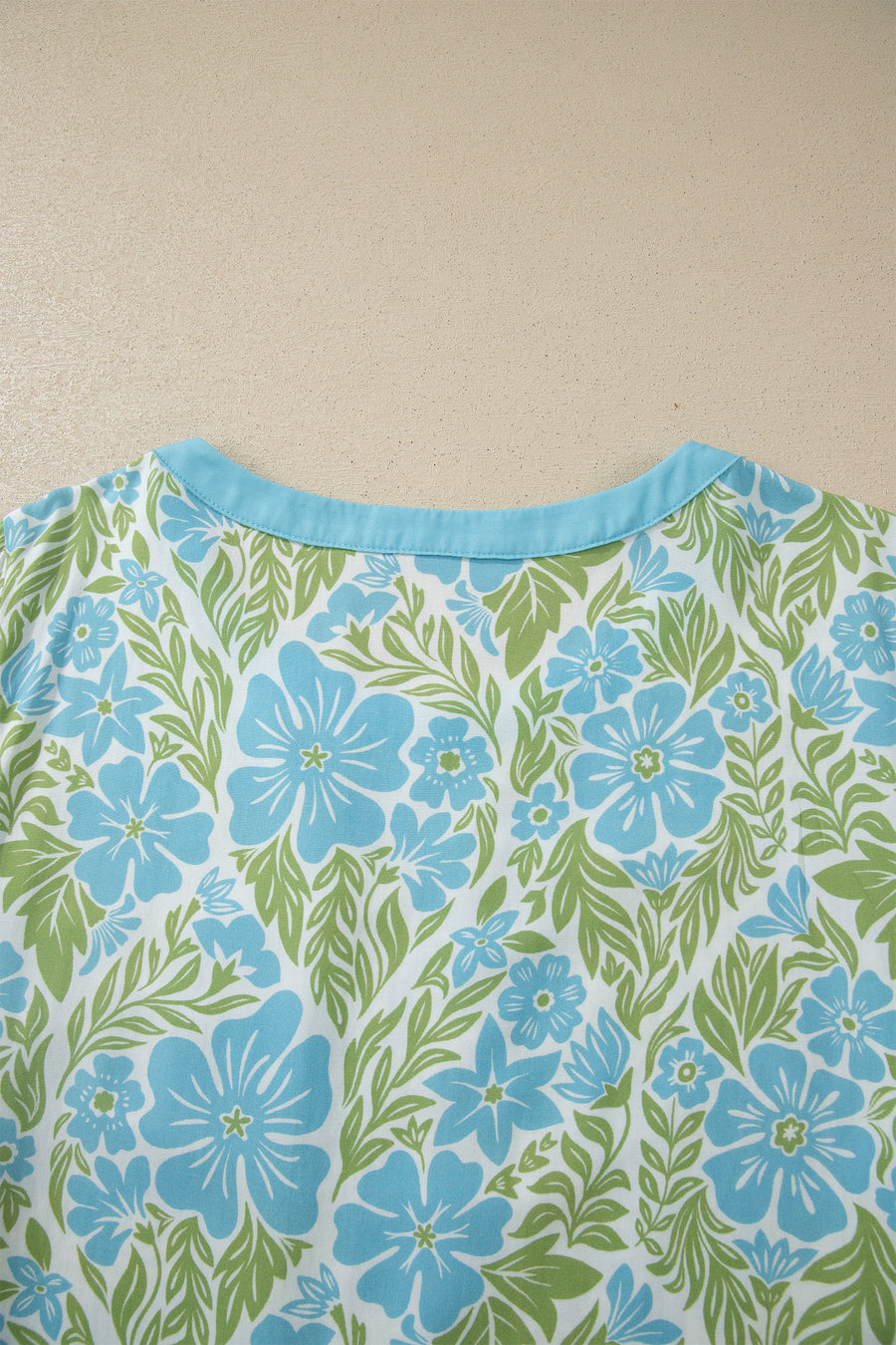 Rose Floral Print Ruffled Color Block Trim Half Sleeve Blouse