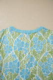 Rose Floral Print Ruffled Color Block Trim Half Sleeve Blouse