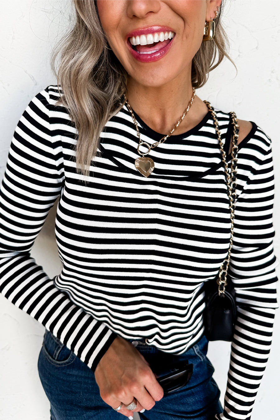 Black & White Striped Cutout Long Sleeve Top