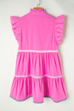Bright Pink Flutter Sleeve V-Neck Ricrac Tiered Mini Dress