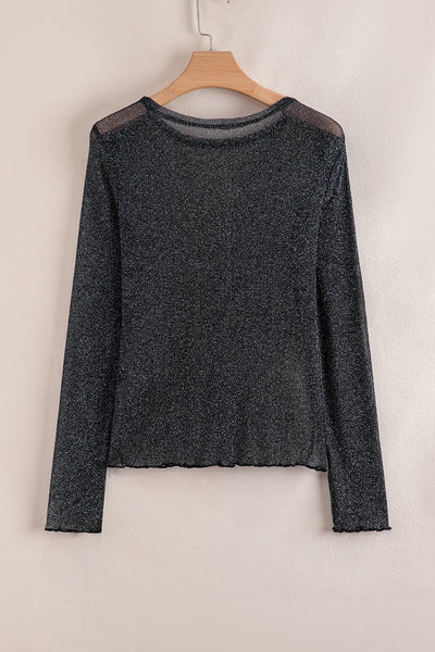 Black Metallic Glitter Mesh Long Sleeve Top