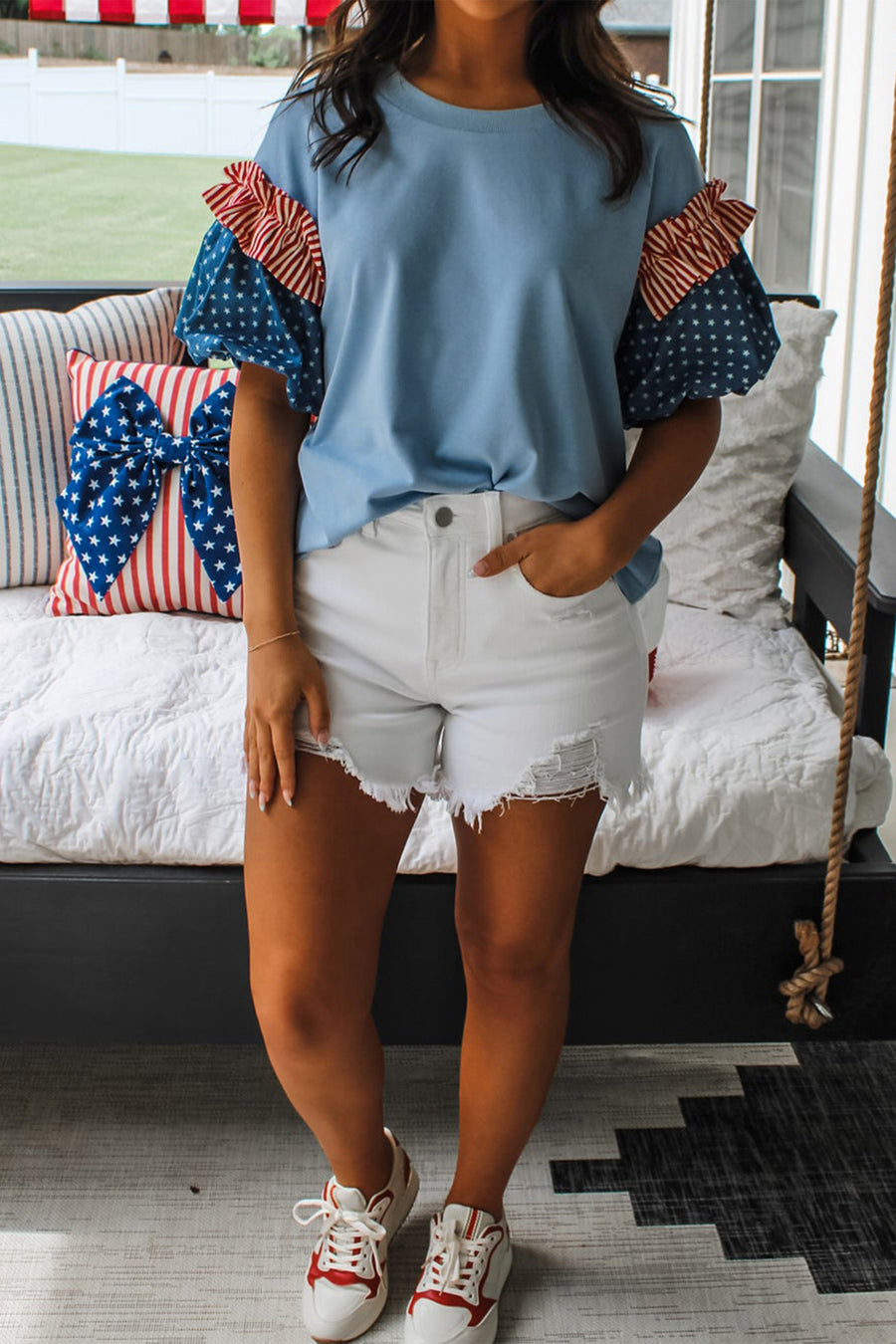 Stars and Stripes Contrast Puff Sleeve Top- 2 Colors