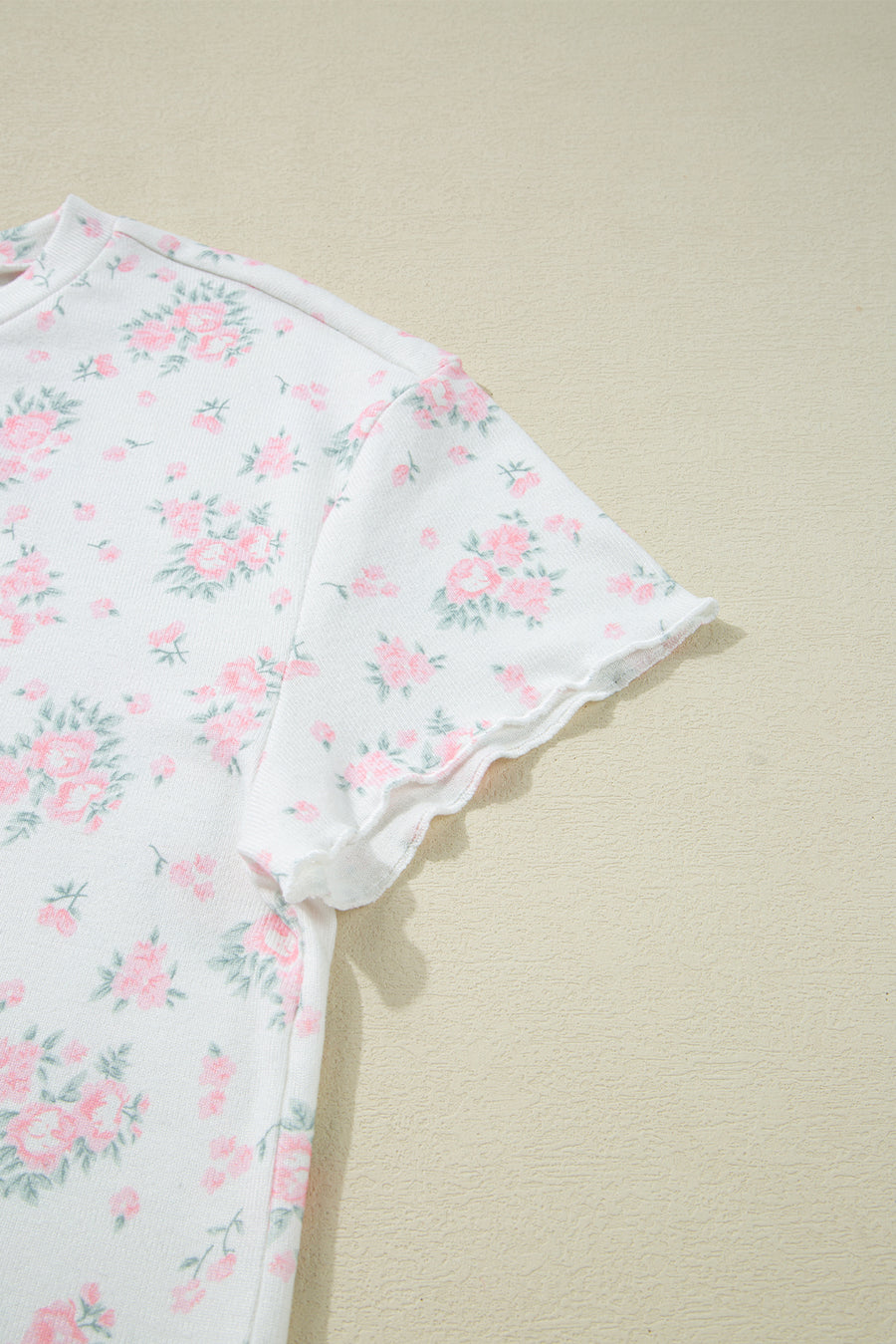 Pink Floral Print Lettuce Trim Short Sleeve Top and Shorts Pajama Set