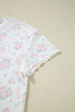 Pink Floral Print Lettuce Trim Short Sleeve Top and Shorts Pajama Set