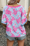 Rose Floral Print Ruffled Color Block Trim Half Sleeve Blouse