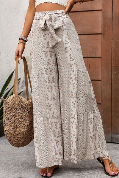 Beige Boho Ethnic Print Knot Waist Wide Leg Pants