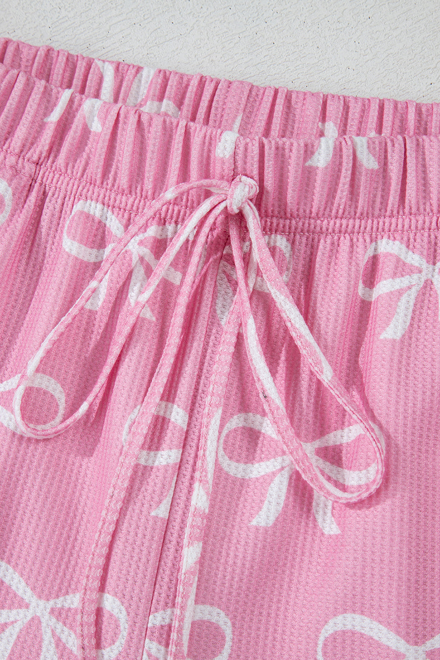 Pink Waffle Knit Bow Print Notched T-Shirt And Shorts Set