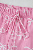 Pink Waffle Knit Bow Print Notched T-Shirt And Shorts Set