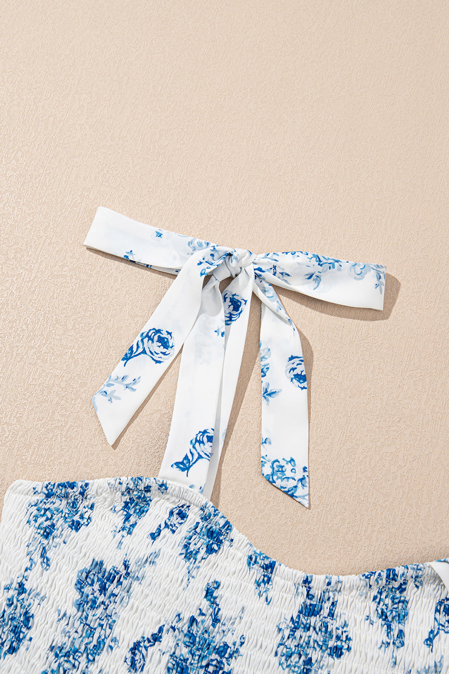 Blue Multi and White Floral Print Smocked Tie Strap Sleeveless Midi Dress