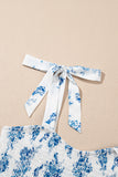 Blue Multi and White Floral Print Smocked Tie Strap Sleeveless Midi Dress