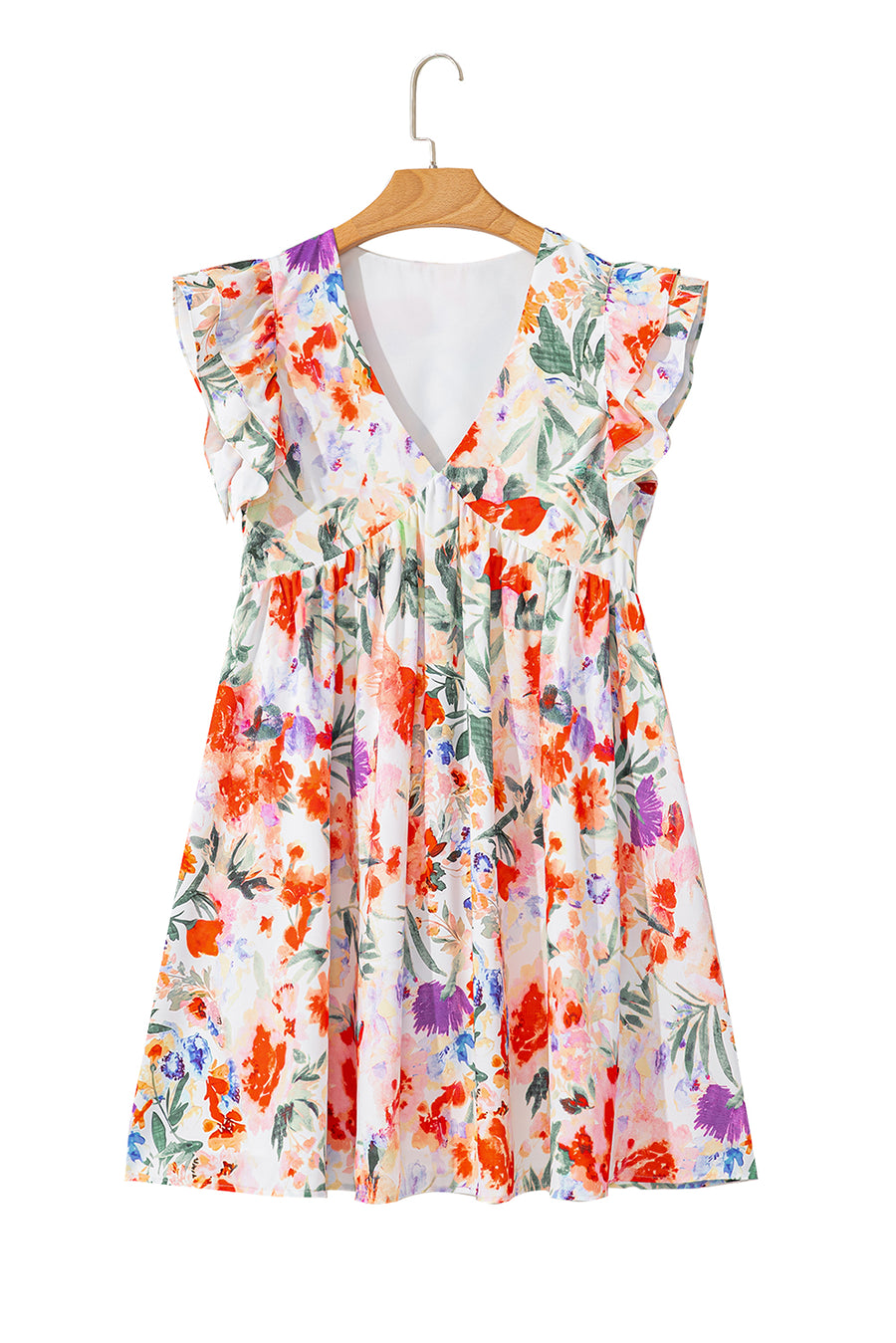 Orange Multi Floral Ruffle Sleeve V-Neck High Waist Mini Dress