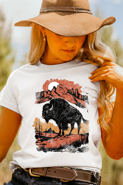White Western Buffalo On Plains Heat Transfer Printing Graphic Crew Neck Tee