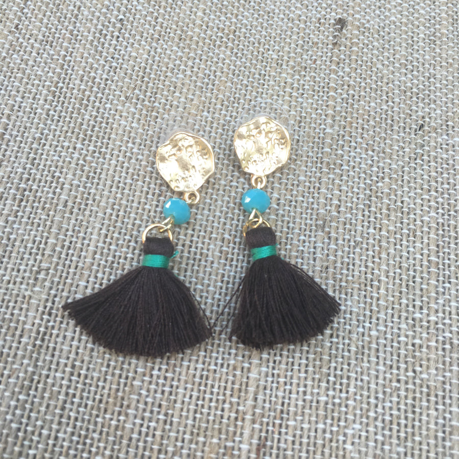 Matte Gold Tone Bead & Tassel Drop Earrings- Brown & Turquoise