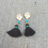 Matte Gold Tone Bead & Tassel Drop Earrings- Brown & Turquoise