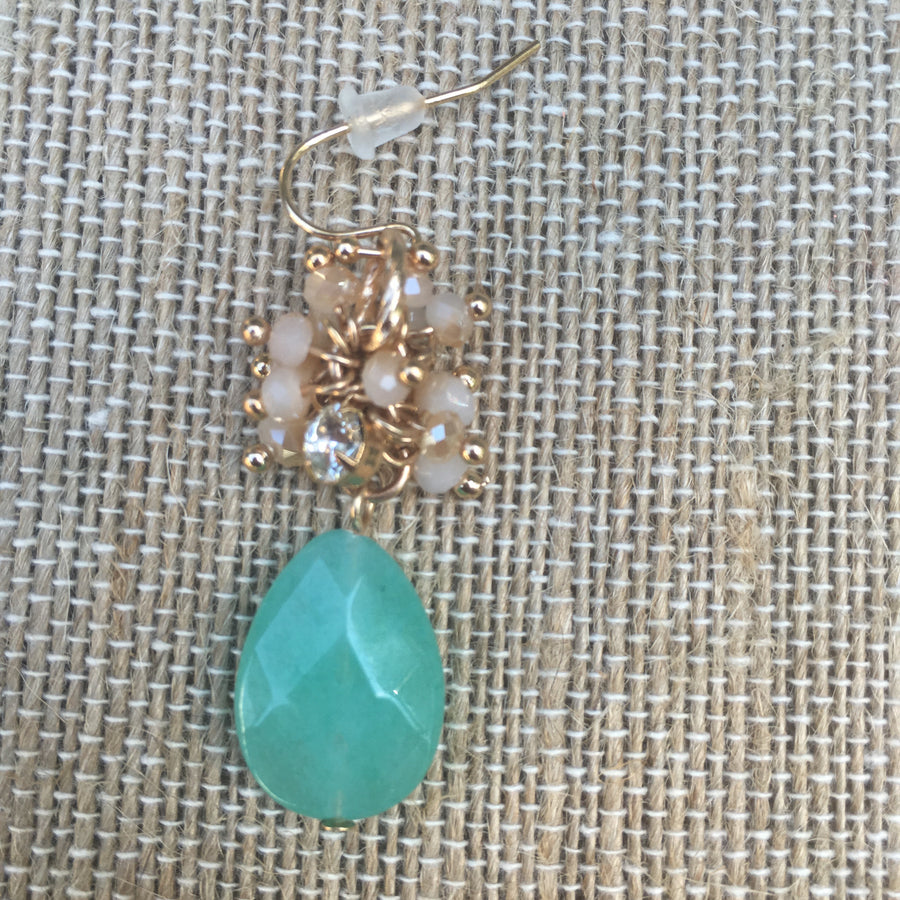 Gold Tone Beaded Teardrop Earrings- Mint
