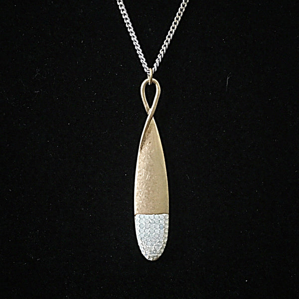 Burnished Gold Tone Necklace with Teardrop Rhinestone Pendant- White Opal