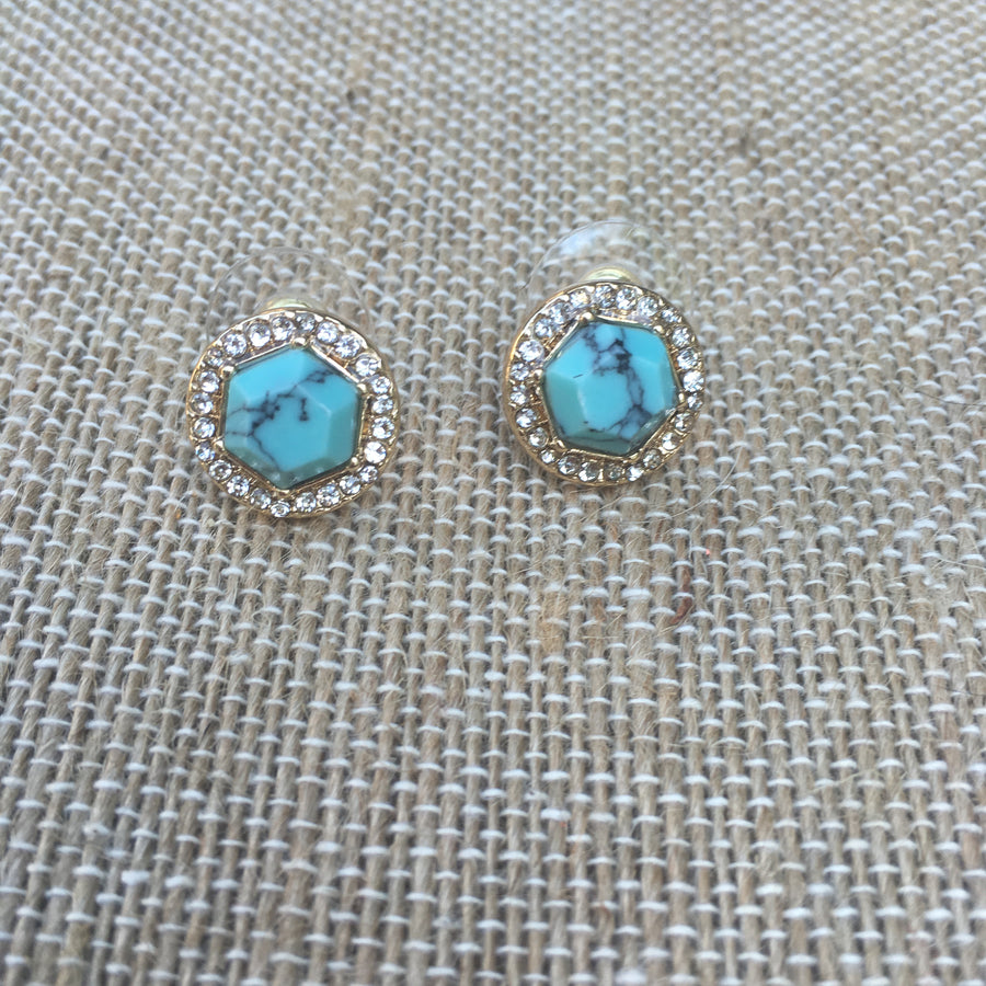Gold Tone Stone Halo Post Earrings- Turquoise