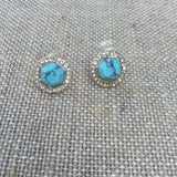 Gold Tone Stone Halo Post Earrings- Turquoise