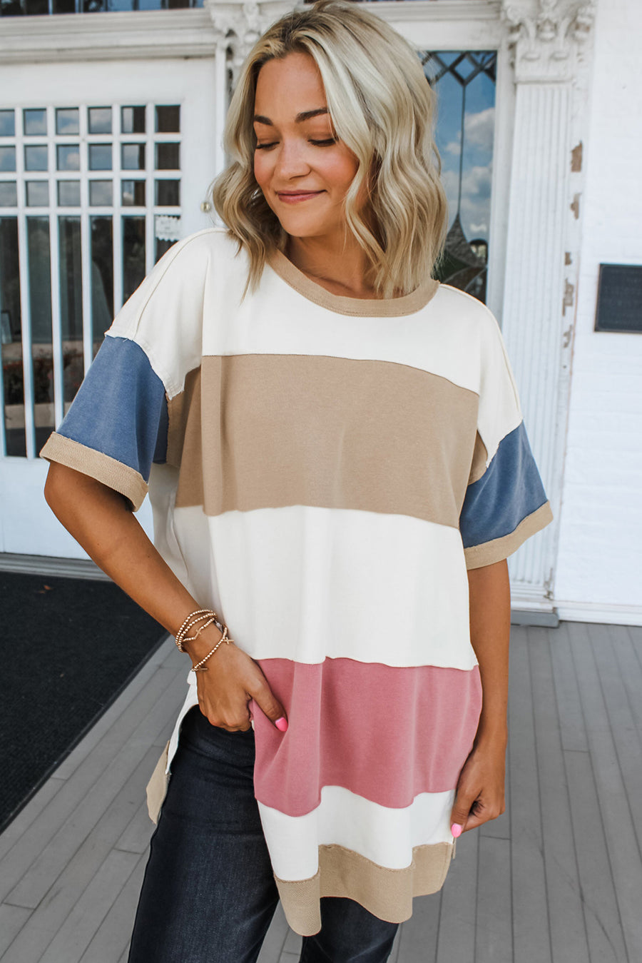Dusty Color Block Patchwork Side Slit Tunic T-Shirt