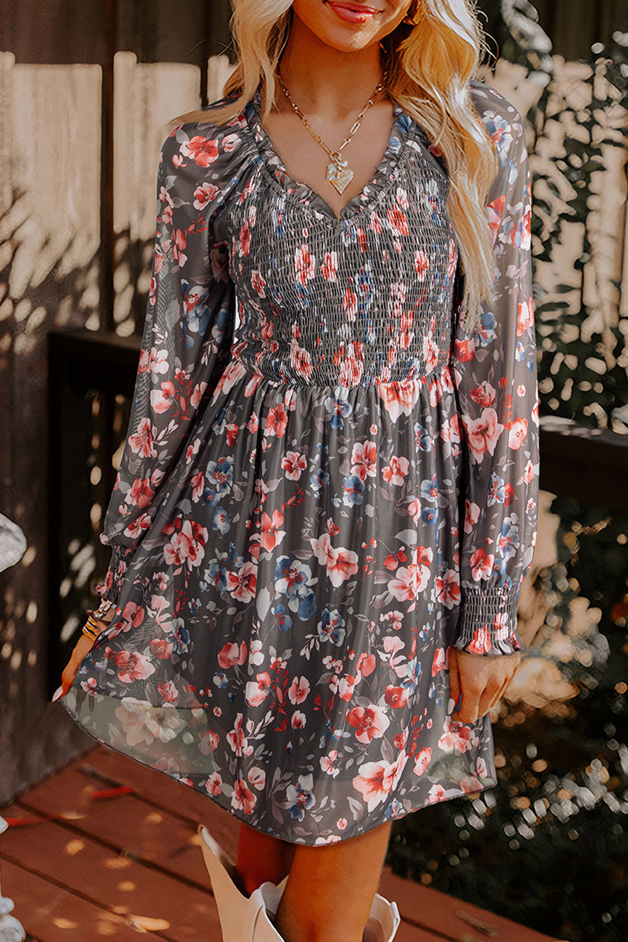 Brown Frilly Smocked Bodice Floral Mesh Long Sleeve Mini Dress