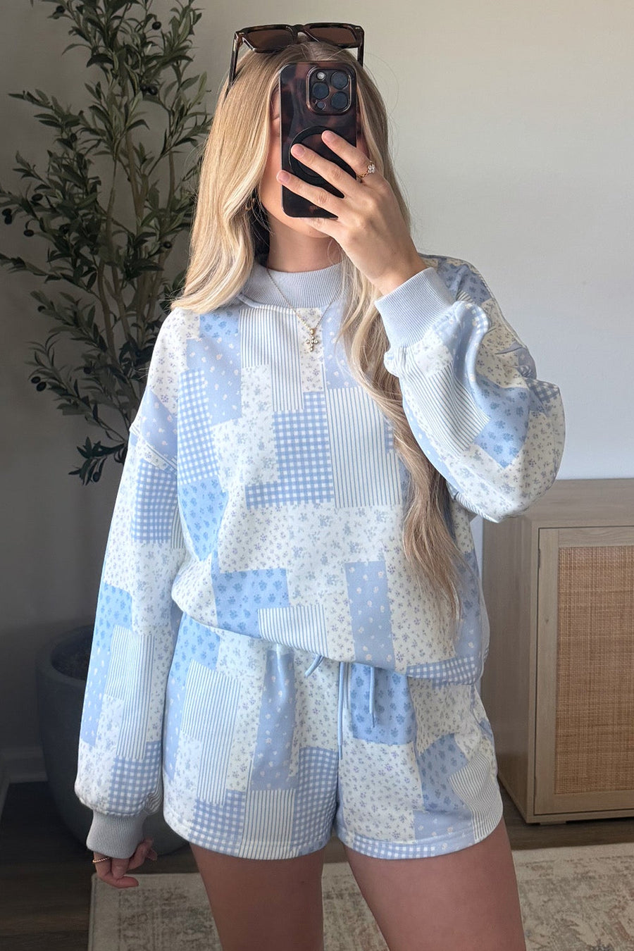 Sky Blue Patchwork Floral Print Long Sleeve Two Piece Set Casual Loose Fit Pantsuit