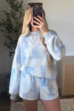 Sky Blue Patchwork Floral Print Long Sleeve Two Piece Set Casual Loose Fit Pantsuit