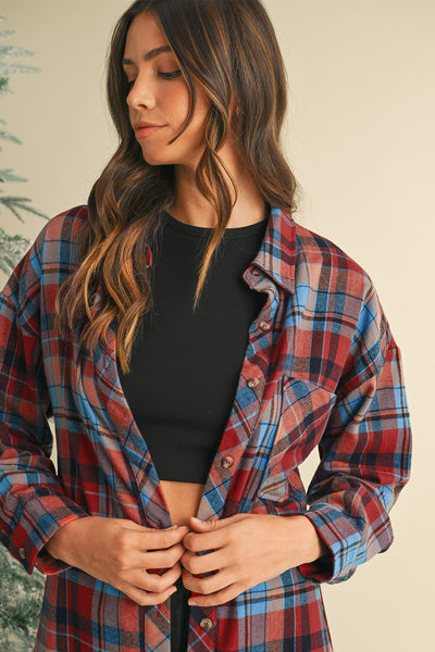 Red Plaid Print Drop Sleeve Loose Shirt Shacket