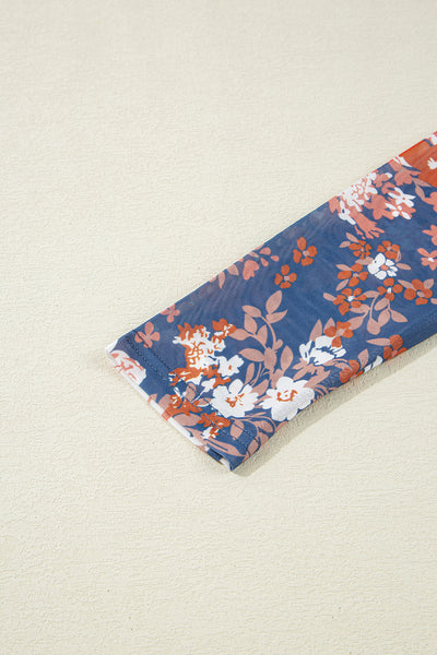 Orchid Petal Allover Floral Print Mesh Long Sleeve Top