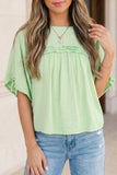 Meadow Mist Green Tie Half Sleeve Pleated Detail Babydoll Blouse