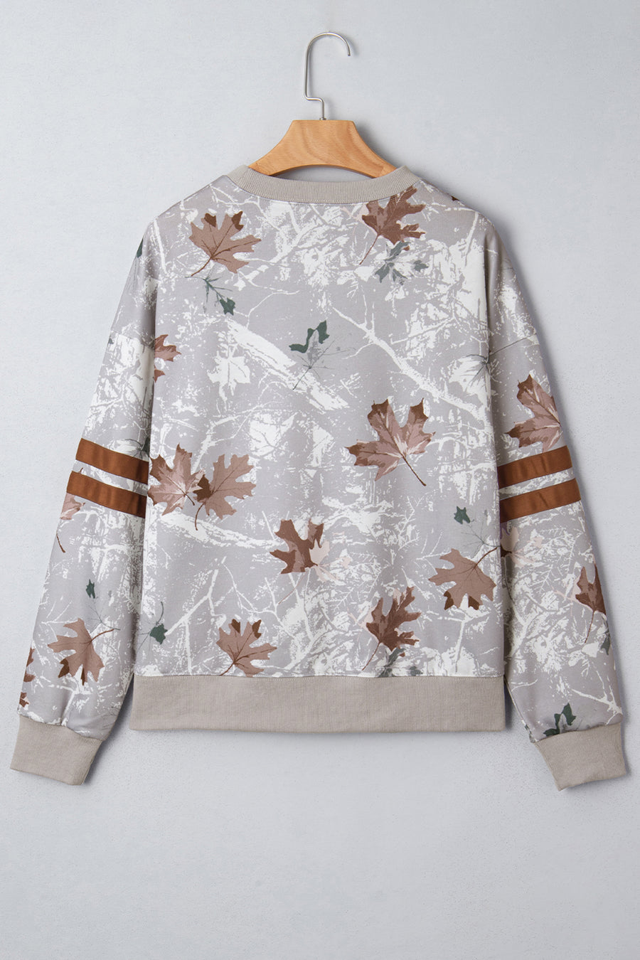 Gray Maple Leaf Camouflage Print Varsity Striped Sleeve Casual Sweatshirt