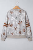 Gray Maple Leaf Camouflage Print Varsity Striped Sleeve Casual Sweatshirt