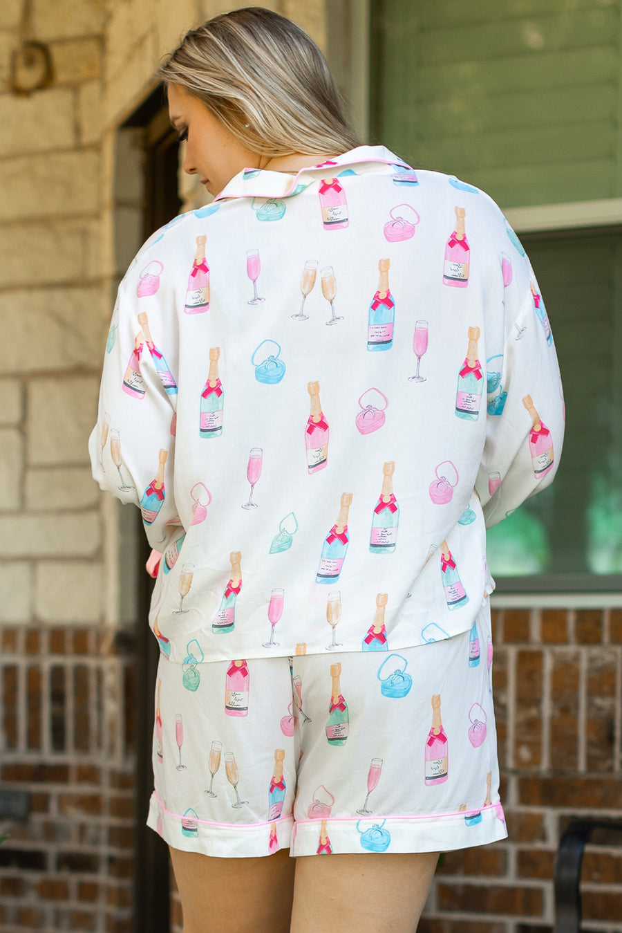 Plus Size White Wine & Heart Print Bow Decor Pajama Set