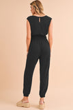 Black Shirred High-Waist V-Neck Sleeveless Jumpsuit