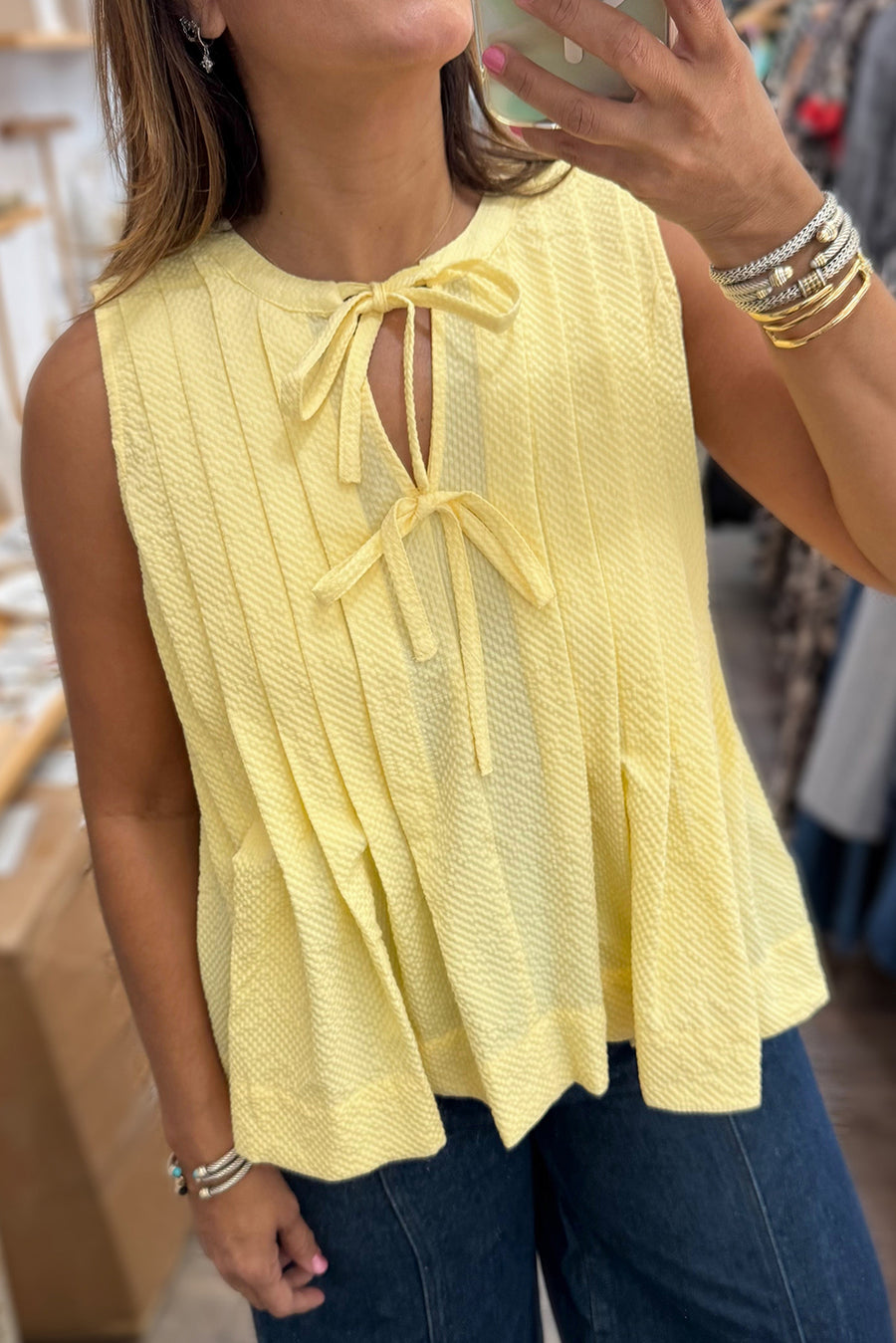 Butter Yellow Waffle Textured Tie Front Notched Neck Pleated Sleeveless Blouse