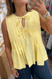 Butter Yellow Waffle Textured Tie Front Notched Neck Pleated Sleeveless Blouse