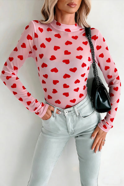 Heart Printed Sheer Mesh Long Sleeve Top- 2 Colors