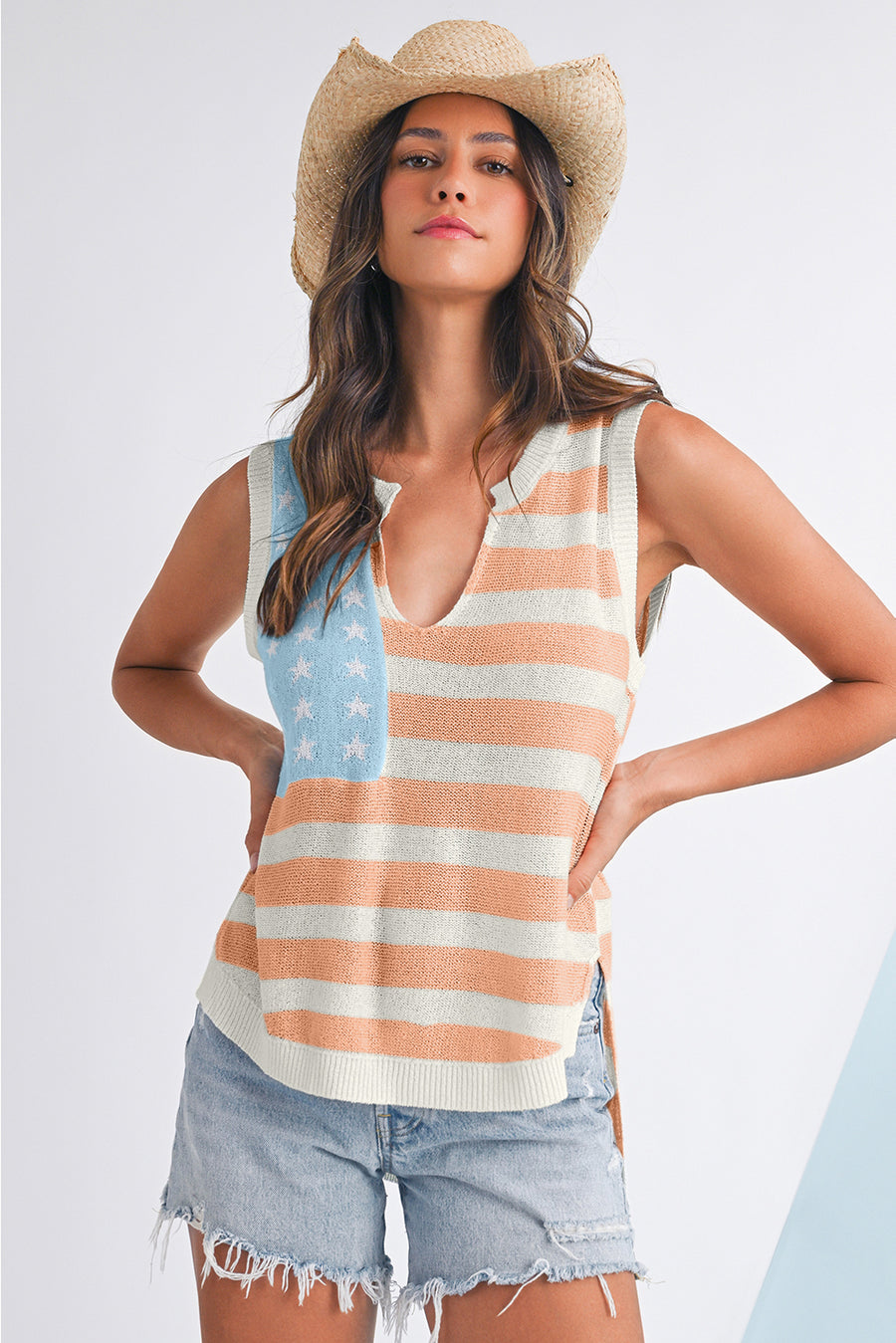 American Flag Notched Neck Loose Knit Vest- 2 Colors