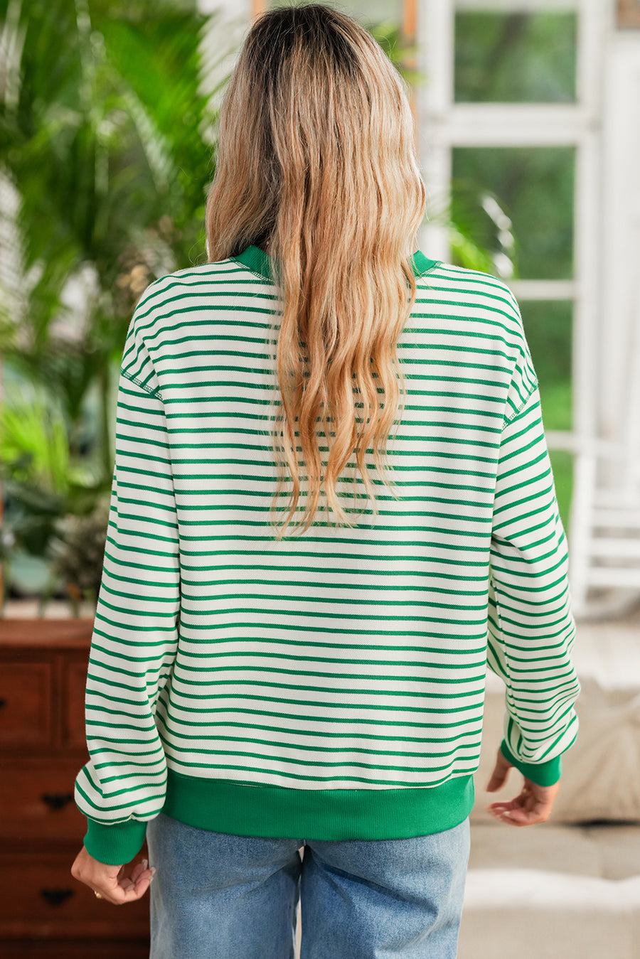 Green Striped Contrast Trim Long Sleeve Shirt